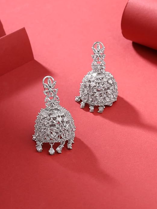 American Diamond Earrings for Women Rosegold Plated High Grade Authentic White AD Studded Jhumka/Jhumki Earrings for Women and Girls. - Image 3