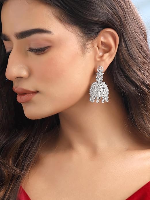 American Diamond Earrings for Women Rosegold Plated High Grade Authentic White AD Studded Jhumka/Jhumki Earrings for Women and Girls. - Image 4