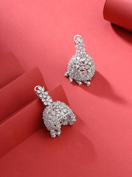 American Diamond Earrings for Women Rosegold Plated High Grade Authentic White AD Studded Jhumka/Jhumki Earrings for Women and Girls. - Image 5