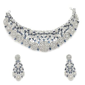 Silver American Diamond Choker Necklace with Earrings Jewellery Set for Girls and Women
