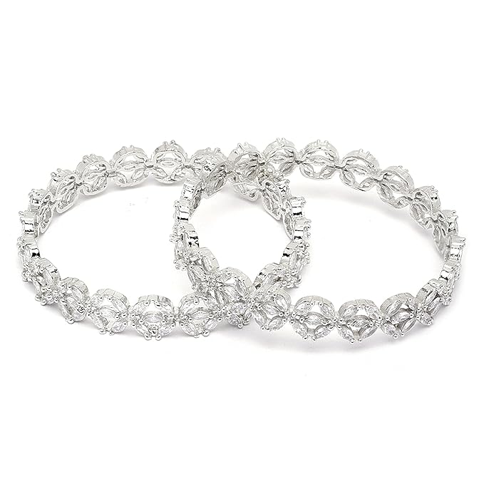 Rhodium-Plated Silver Toned White Floral American Diamond studded Bangles Jewellery Set for Girls and Women (Set Of 2) (2.8, Silver)