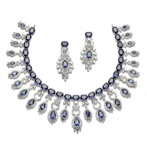 Rhodium-Plated American Diamond Studded Oval & Teardrop Shaped Necklace With Earrings Jewellery Set For Girls and Women