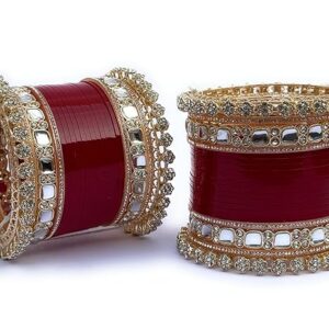 Bridal Punjabi Wedding Chura Set, Red and Gold Crystal Embellished Bangles, Traditional Chooda for Girls and Women, (Set of 1)
