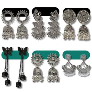 6 Pair Traditional Jhumki Earrings Combo for Women | Oxidised Silver Earrings for Women | Stylish Ethnic Earrings Set