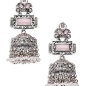 Oxidised Silver Jhumka Earrings - Opal MoonStone - For Women & Girls Stylish Latest