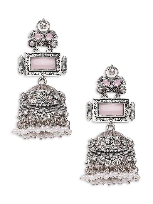 Oxidised Silver Jhumka Earrings - Opal MoonStone - For Women & Girls Stylish Latest