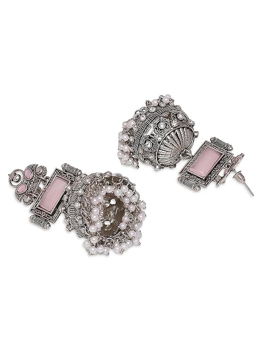 Oxidised Silver Jhumka Earrings - Opal MoonStone - For Women & Girls Stylish Latest - Image 2