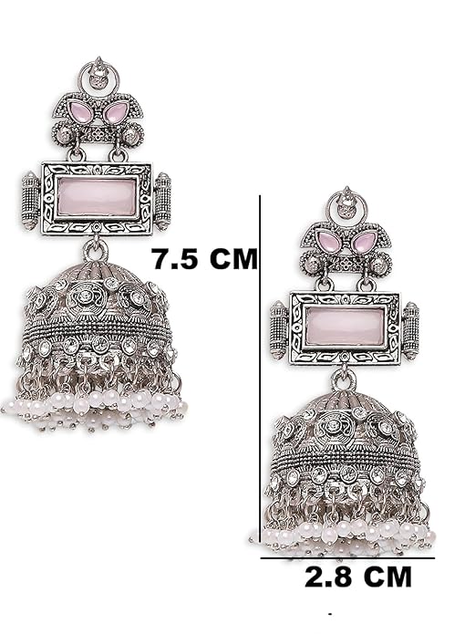 Oxidised Silver Jhumka Earrings - Opal MoonStone - For Women & Girls Stylish Latest - Image 4