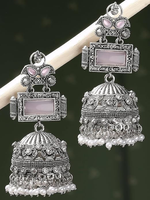 Oxidised Silver Jhumka Earrings - Opal MoonStone - For Women & Girls Stylish Latest - Image 3