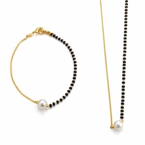 Gold Plated Mangalsutra with Bracelet Combo for Women | Black Beads & Pearl Design Traditional Mangalsutra Necklace with Matching Bracelet Jewellery Set