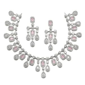 Rhodium-Plated Silver Toned Square Shaped American Diamond Studded Necklace with Earring Jewellery Set for Girls and Women