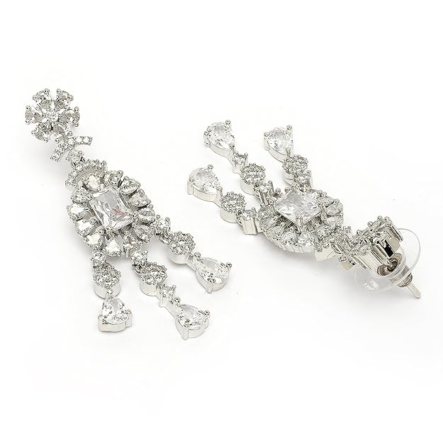 Rhodium Plated Silver Toned American Diamond Studded Necklace With Earrings Jewellery Set For Women & Girls - Image 3