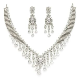 Rhodium Plated Silver Toned American Diamond Studded Necklace With Earrings Jewellery Set For Women & Girls