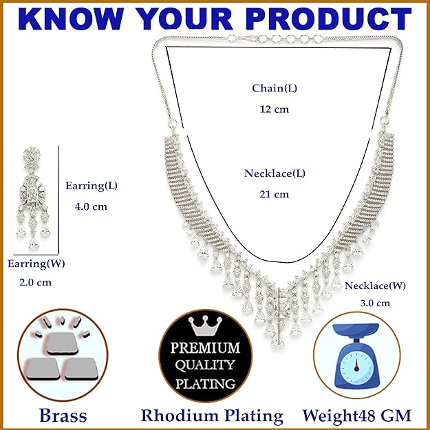 Rhodium Plated Silver Toned American Diamond Studded Necklace With Earrings Jewellery Set For Women & Girls - Image 5