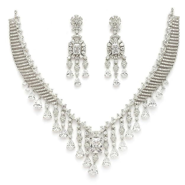 Rhodium Plated Silver Toned American Diamond Studded Necklace With Earrings Jewellery Set For Women & Girls