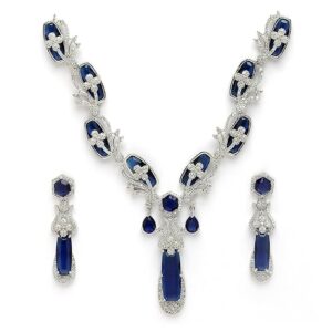 Silver Toned Rhodium Plated Brass Elegant Emeralds Bloom American Diamond Necklace & Earring Jewellery Set for Women & Girls