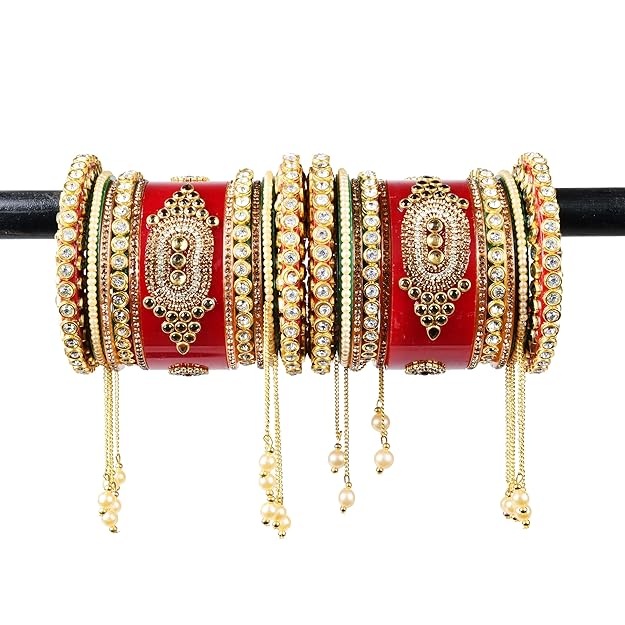 Red Bridal Chuda Bangles Set - 22 Bangles with Pearl Latkan, Kada, and Unique Style Options - Kundan Zari Handwork, Ideal for Weddings, Engagements, and Festivals - Plastic Base - Image 2