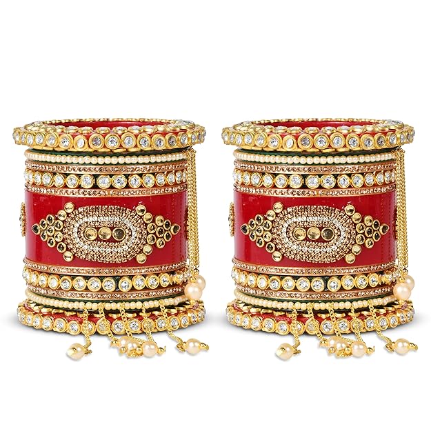 Red Bridal Chuda Bangles Set - 22 Bangles with Pearl Latkan, Kada, and Unique Style Options - Kundan Zari Handwork, Ideal for Weddings, Engagements, and Festivals - Plastic Base - Image 4