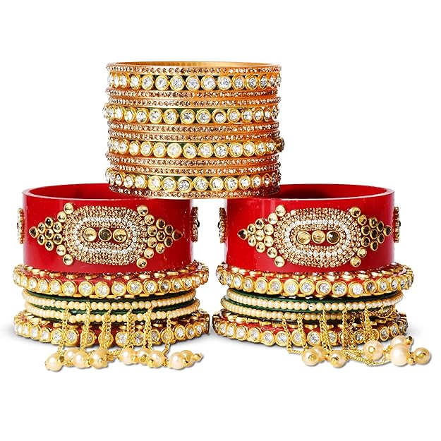 Red Bridal Chuda Bangles Set - 22 Bangles with Pearl Latkan, Kada, and Unique Style Options - Kundan Zari Handwork, Ideal for Weddings, Engagements, and Festivals - Plastic Base - Image 3