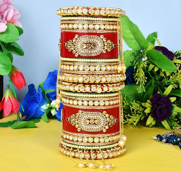 Red Bridal Chuda Bangles Set - 22 Bangles with Pearl Latkan, Kada, and Unique Style Options - Kundan Zari Handwork, Ideal for Weddings, Engagements, and Festivals - Plastic Base - Image 6