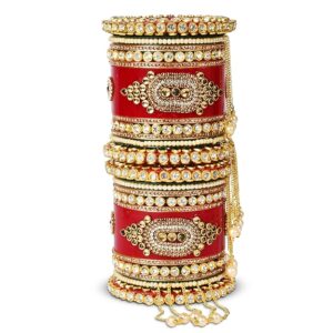 Red Bridal Chuda Bangles Set - 22 Bangles with Pearl Latkan, Kada, and Unique Style Options - Kundan Zari Handwork, Ideal for Weddings, Engagements, and Festivals - Plastic Base