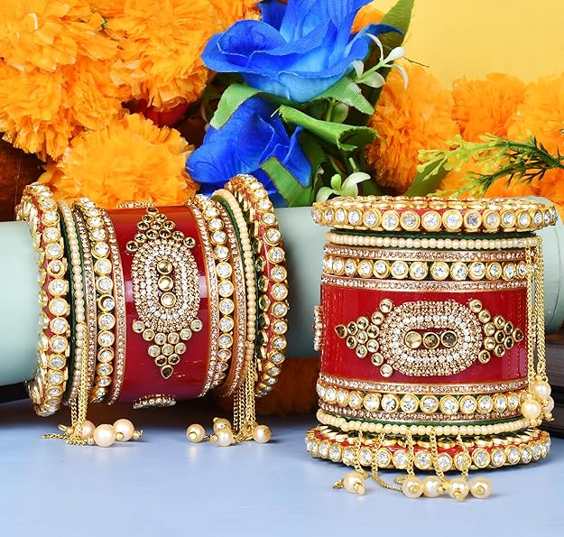 Red Bridal Chuda Bangles Set - 22 Bangles with Pearl Latkan, Kada, and Unique Style Options - Kundan Zari Handwork, Ideal for Weddings, Engagements, and Festivals - Plastic Base - Image 5