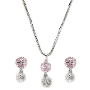 Rhodium-Plated Silver Toned Green Cubic Zirconia studded Floral Shaped Cute Pendant with Earrings Jewellery Set for Girls and Women (Green)