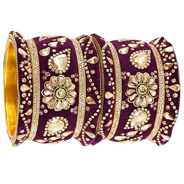 Royal Alloy Gold Plated Velvet Chuda Set for Women & Girls Studded With Zircon & Kundan Stone Bangle | Punjabi Traditional Chooda | Trendy Dulhan Chura | Bride Wedding Chuda Set - Set Of 10