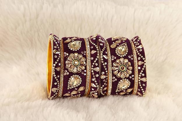 Royal Alloy Gold Plated Velvet Chuda Set for Women & Girls Studded With Zircon & Kundan Stone Bangle | Punjabi Traditional Chooda | Trendy Dulhan Chura | Bride Wedding Chuda Set - Set Of 10 - Image 3