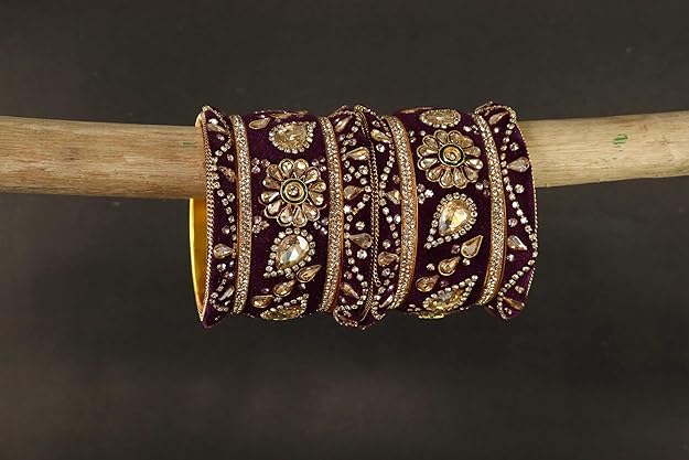 Royal Alloy Gold Plated Velvet Chuda Set for Women & Girls Studded With Zircon & Kundan Stone Bangle | Punjabi Traditional Chooda | Trendy Dulhan Chura | Bride Wedding Chuda Set - Set Of 10 - Image 5